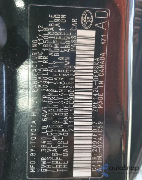 2013 Toyota Corolla Base z USA, uszkodzony, nr VIN 2T1BU4EE9DC998220